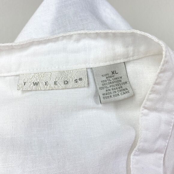Tweed White Linen Blouse XL Embroidery Button Front Boho Peasant Career Preppy - Picture 10 of 11